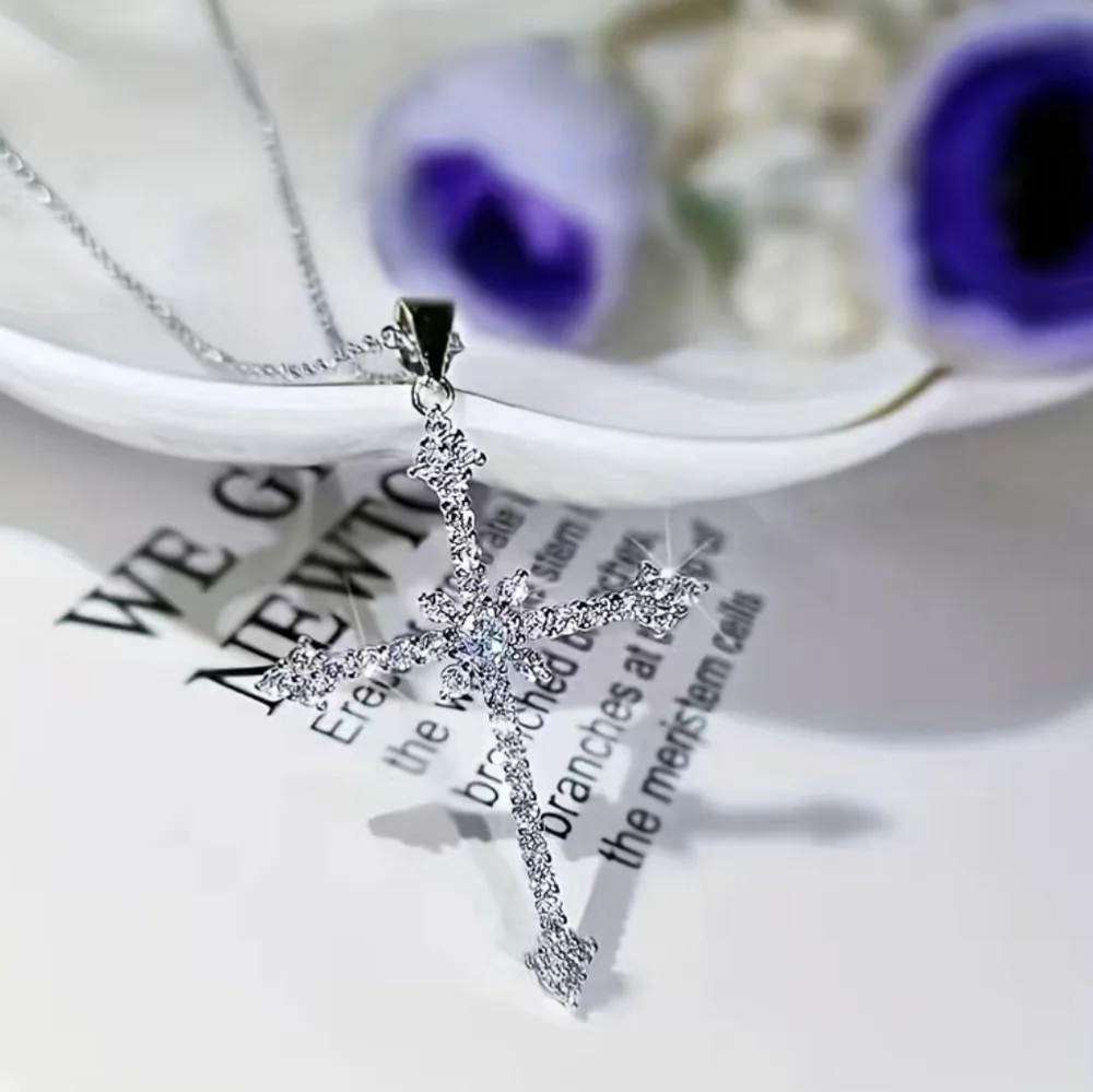 Sparkling Rhinestone Cross Silver Necklace